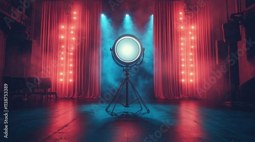 Spotlight shining on stage with red curtains in an empty theatre setting