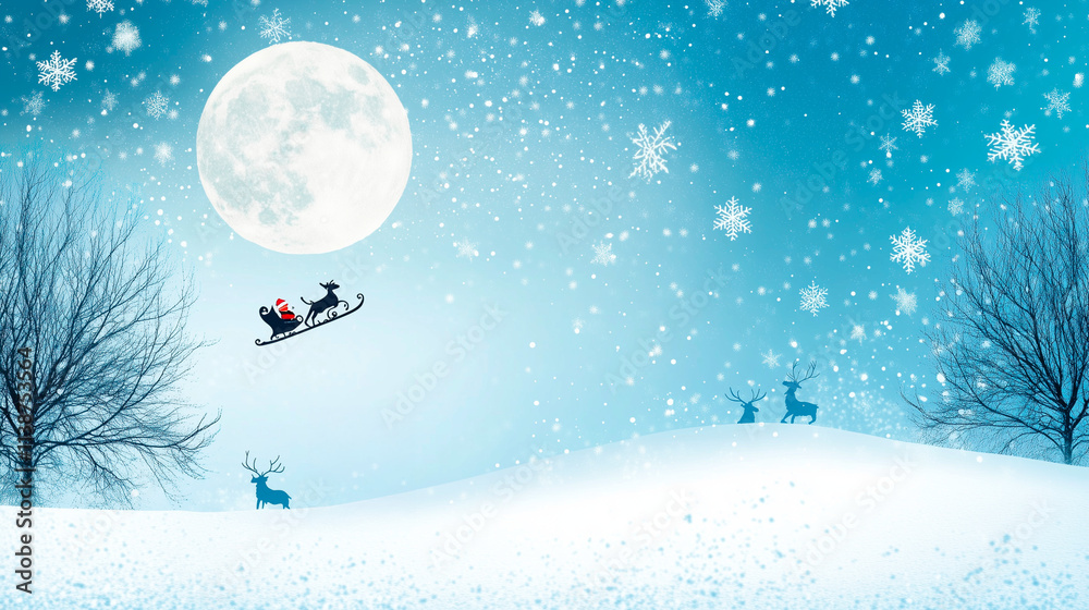 Naklejka premium Santa Sleigh Flying Across Full Moon in Winter Night Sky
