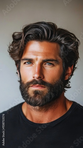 Young man with tousled hair and beard gazes thoughtfully into the distance in...