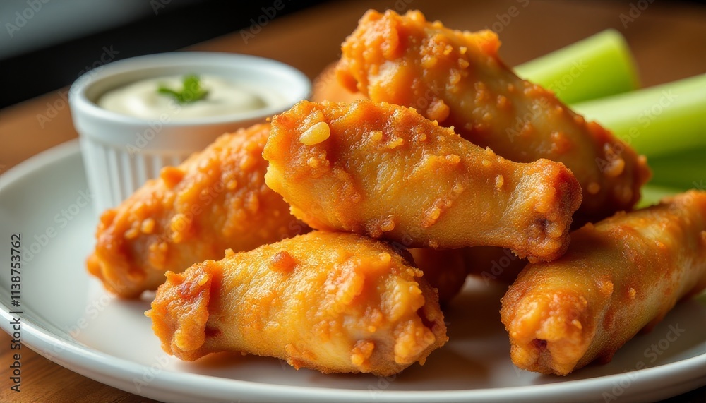 Savory photo of crispy fried chicken wings with blue cheese dressing Savory photo of crispy fried chicken wings with blue cheese dressing