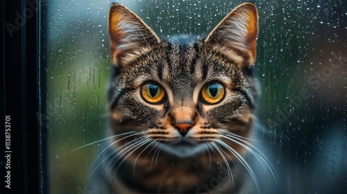 Curious cat gazes through raindrop covered window on a rainy evening