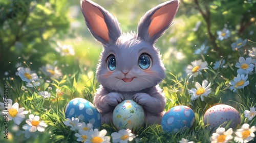 Happy bunny surrounded by colorful eggs in a vibrant garden during springtime