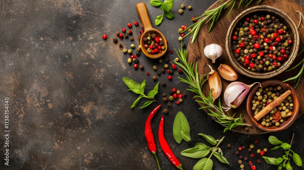 Rustic spices and herbs with chili peppers on a dark background Rustic spices and herbs with chili peppers on a dark background