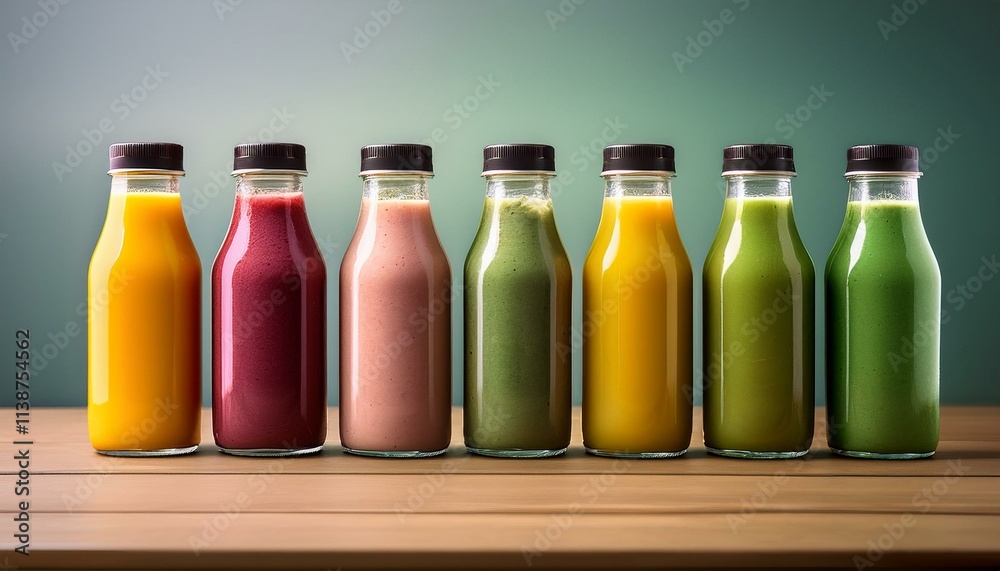bottled smoothies aligned in a row commercial photo