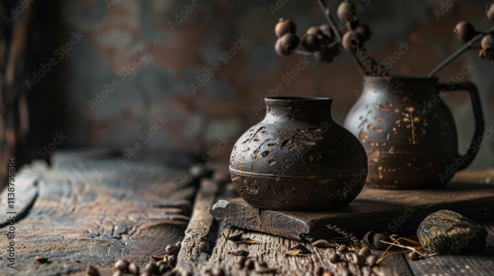 Rustic clay pottery with dried flowers on a textured surface Rustic clay pottery with dried flowers on a textured surface