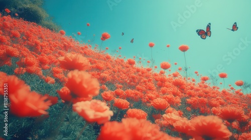 Butterflies flying over a blooming poppy field in springtime