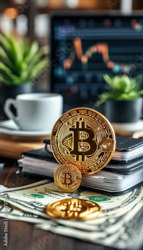 golden Bitcoin on on a modern business desk, dollar bills and money, notebook a cup of coffee, cryptocurrency, bitcoin trading, finance, investment, crypto