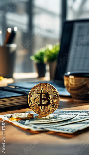 golden Bitcoin on on a modern business desk, dollar bills and money, notebook a cup of coffee, cryptocurrency, bitcoin trading, finance, investment, crypto