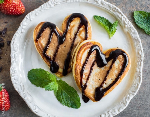 Heart-Shaped Strawberry Pancakes Drizzled with Chocolate Syrup and Fresh Mint Leaves