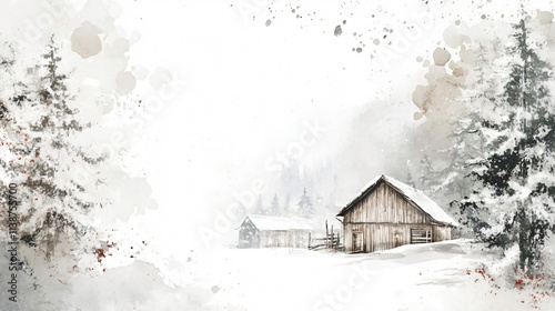 Watercolor painting of a winter landscape with snow, trees, and a cozy cabin. Perfect for Christmas or winter holidays.