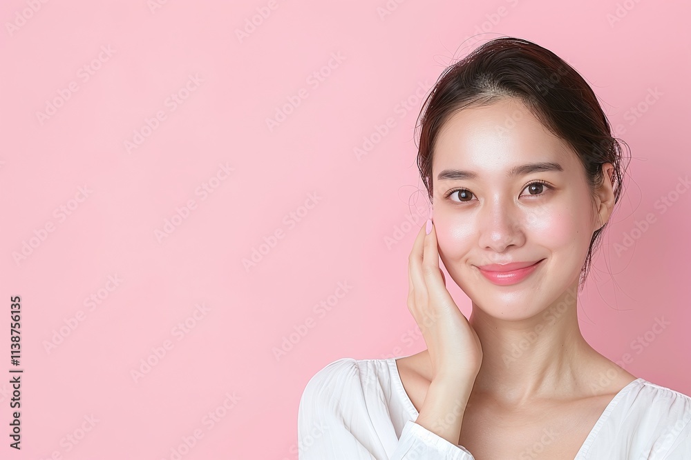 Happy woman touching face, soft pink background, natural beauty portrait, skincare and selfcare concept, glowing and radiant skin, minimal design, copy space for text
Happy woman touching face, soft pink background, natural beauty portrait, skincare and selfcare concept, glowing and radiant skin, minimal design, copy space for text