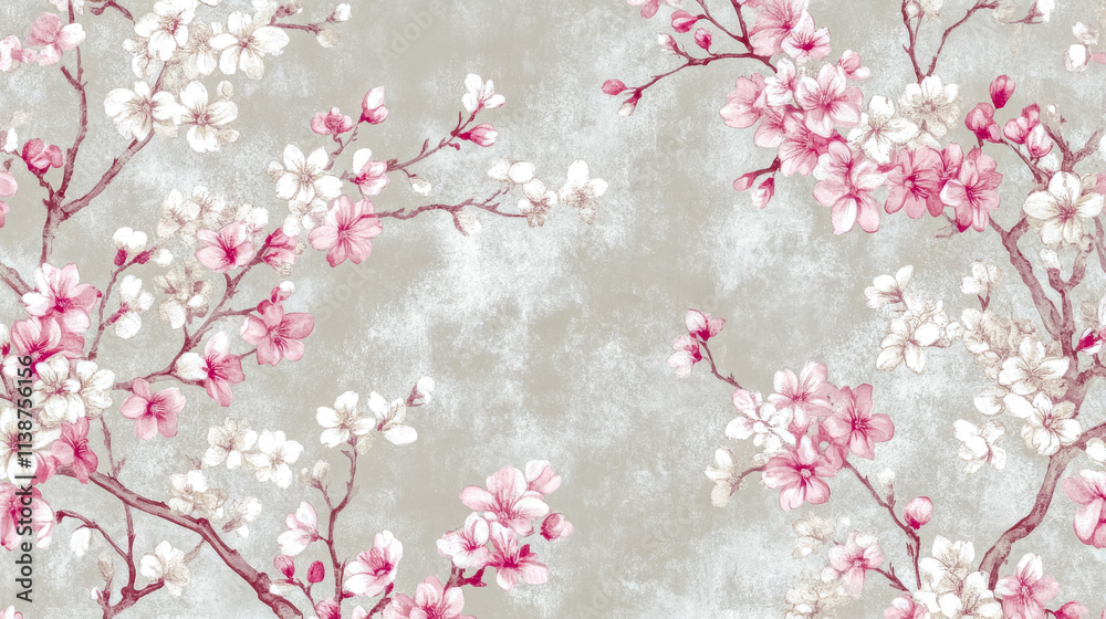 Fototapeta premium Traditional japanese cherry blossom pattern flowing on gray background