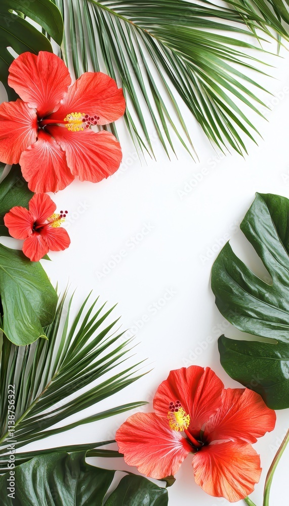 Naklejka premium Tropical Greeting Card Template with Vibrant Hibiscus Flowers and Palm Leaves for Summer Messages