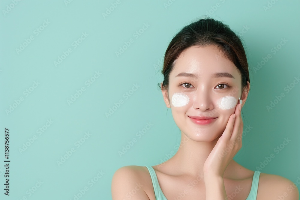 Smiling woman applying cream to face, green background, skincare concept, natural beauty, radiant and glowing skin, minimalistic design, wellness and selfcare, copy space for text

