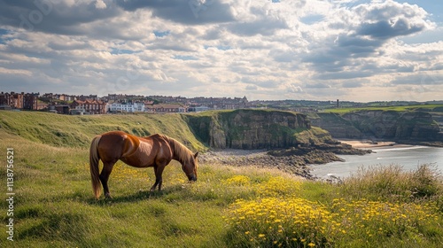 Horse grazing on a grassy sloped hillside- South Shields, Tyne and Wear, England