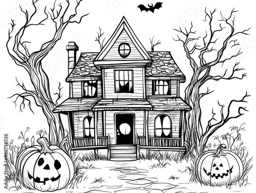 Spooky Haunted House Halloween Coloring Sheet for Kids: Fun Printable Outline with Pumpkins photo