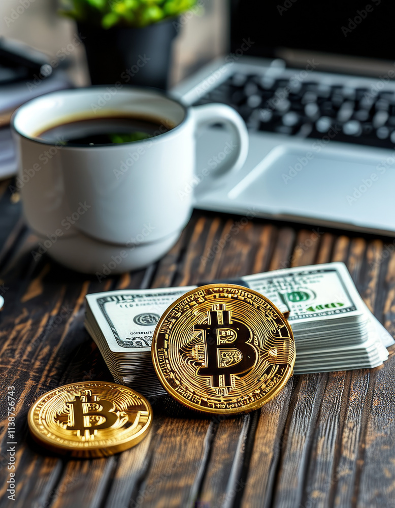 Fototapeta premium golden Bitcoin on on a modern business desk, dollar bills and money, notebook a cup of coffee, cryptocurrency, bitcoin trading, finance, investment, crypto