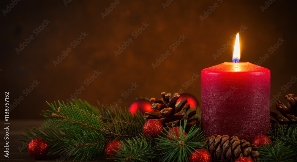 A red candle on dark, rich brown background with the warm, golden tones of the Christmas decorations Surrounding the candle are various Christmas elements A red candle on dark, rich brown background with the warm, golden tones of the Christmas decorations Surrounding the candle are various Christmas elements