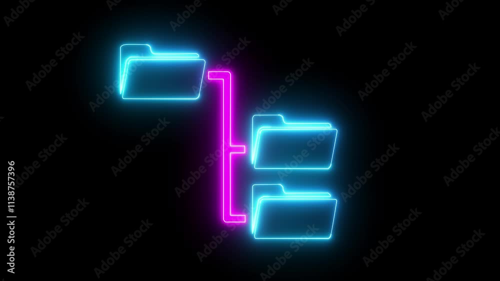 neon Folder tree line icon on black background Computer network file folder organization structure flowchart. 4K Video motion graphic animation