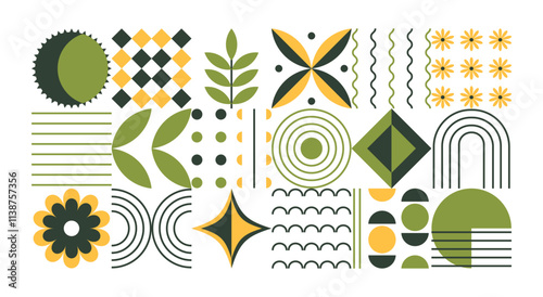 Modern abstract geometric background. Mosaic organic pattern. Fresh yellow-green conceptual collage. Eco-friendly minimalistic vector. Natural organic illustration. Simple shape flat style.