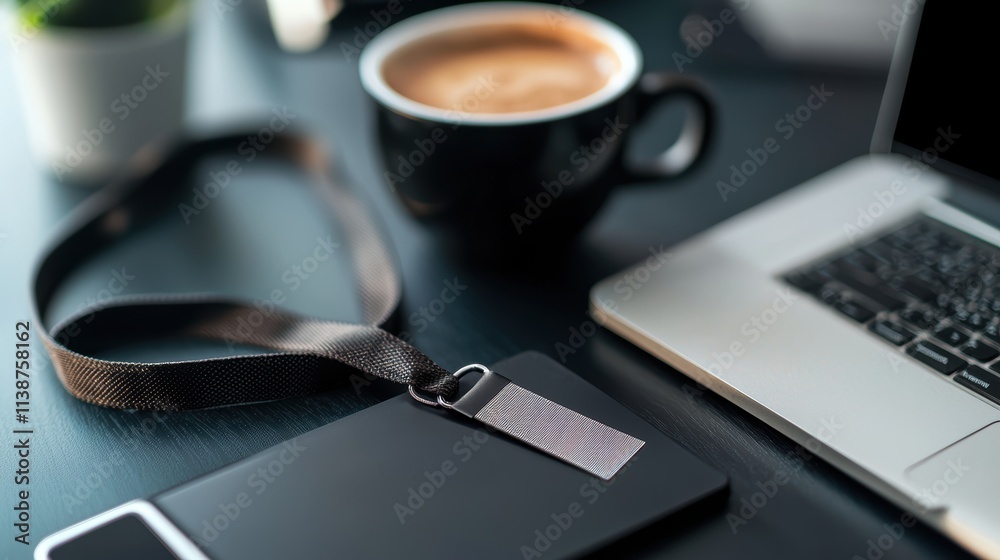 © spyrakot - Sleek ID Badge on Modern Office Desk for Professional Work Environment Design