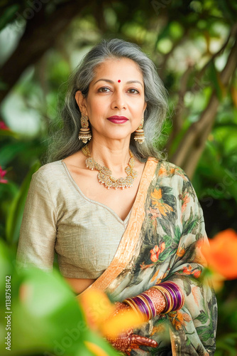 Elegant mature asian woman in traditional attire posing outdoors with floral surroundings photo