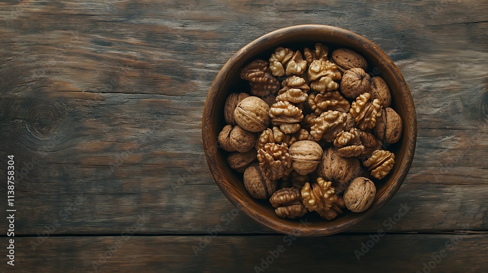 Rustic Bowl Filled Walnuts Top View Natural Food Shot image Rustic Bowl Filled Walnuts Top View Natural Food Shot image