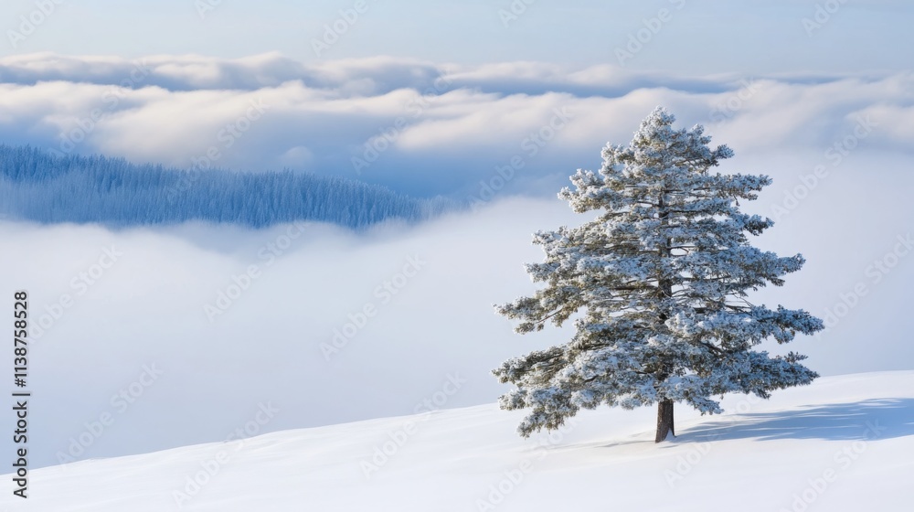 Lone snow-covered pine tree in winter landscape Lone snow-covered pine tree in winter landscape