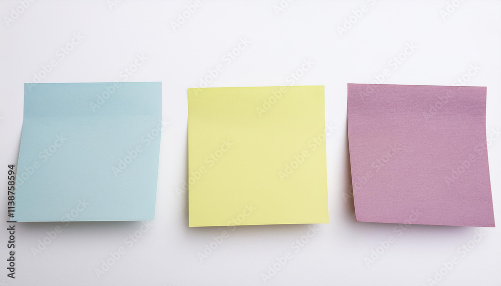 Three empty sticky notes on white background. Blank paper for message. Mock-up. Close-up. Three empty sticky notes on white background. Blank paper for message. Mock-up. Close-up.