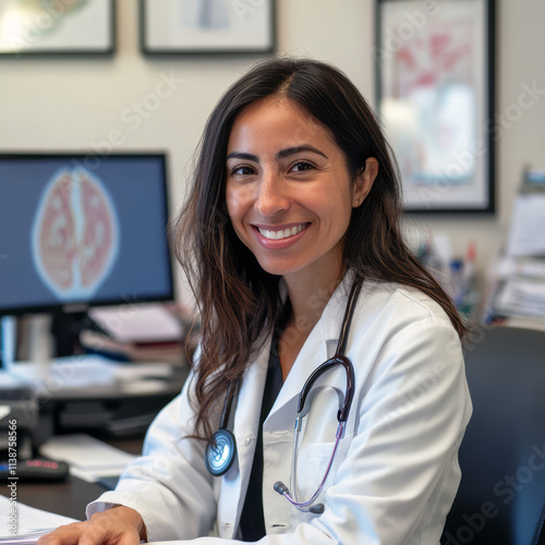 Female smiling doctor sitting in her office, caring and happy, Generative AI