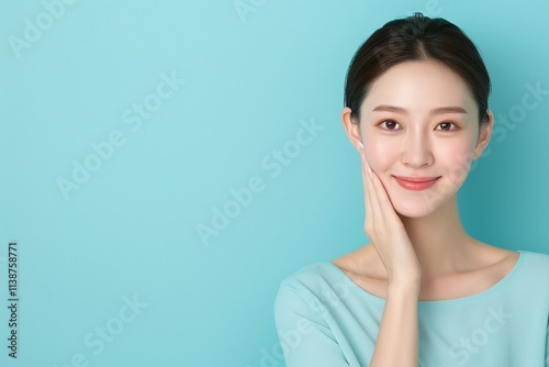 Happy woman touching face, turquoise background, beauty portrait, skincare and wellness, glowing skin, minimalistic design, vibrant and cheerful studio shot, copy space for text