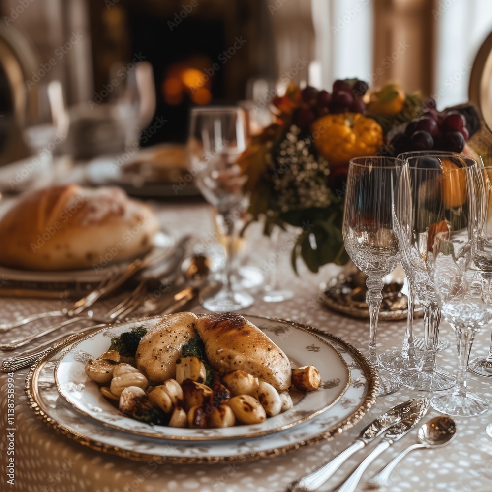 Delicious, elegant setting dinner served roasted vegetables, chicken, Generative AI Delicious, elegant setting dinner served roasted vegetables, chicken, Generative AI