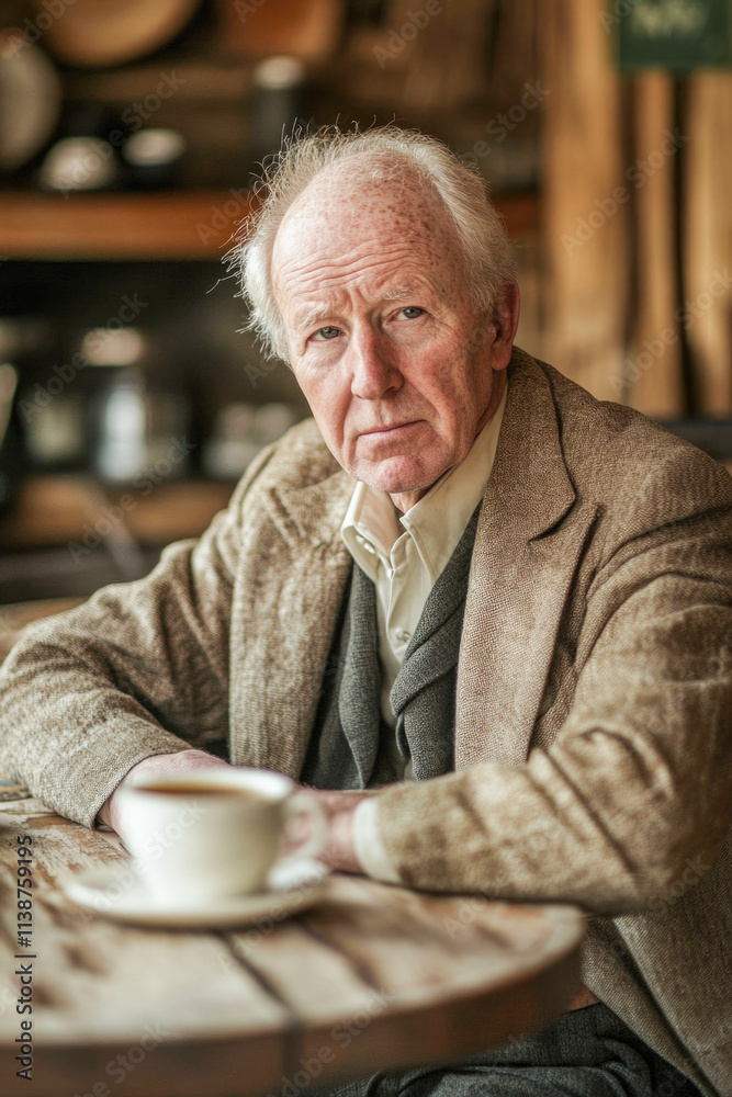 Elderly caucasian male sitting thoughtfully at rustic café table with coffee Elderly caucasian male sitting thoughtfully at rustic café table with coffee