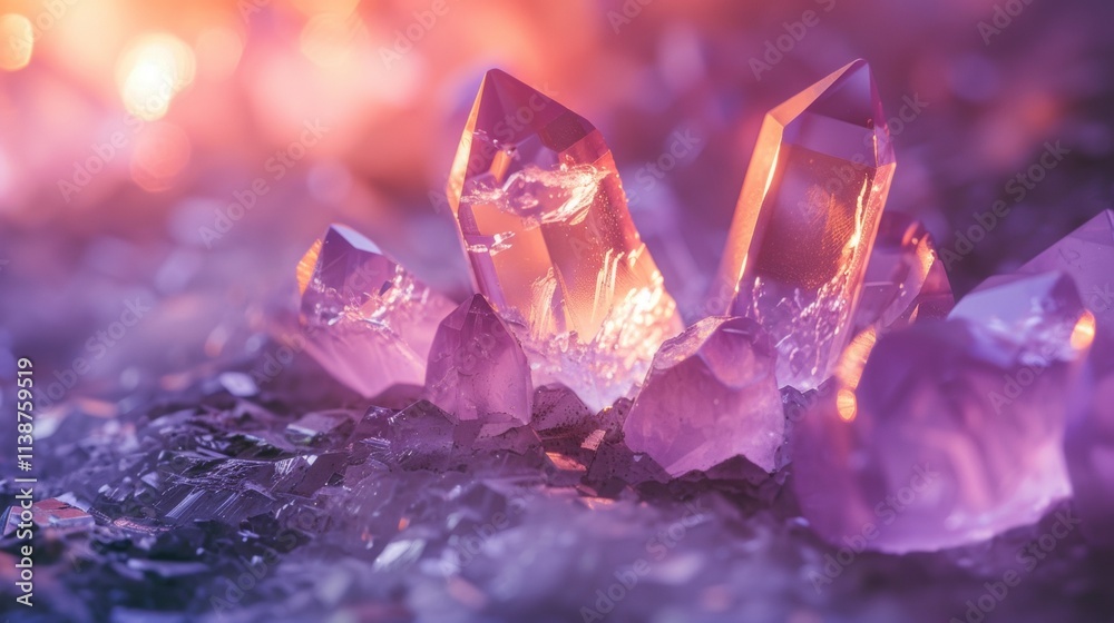 Purple glowing crystals illuminated with soft light and reflections Purple glowing crystals illuminated with soft light and reflections