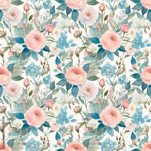 Romantic Floral seamless Pattern with Pink Roses and Blue Hydrangeas on White Background