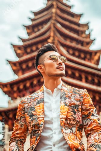 Confident young asian male in floral suit standing before traditional pagoda photo