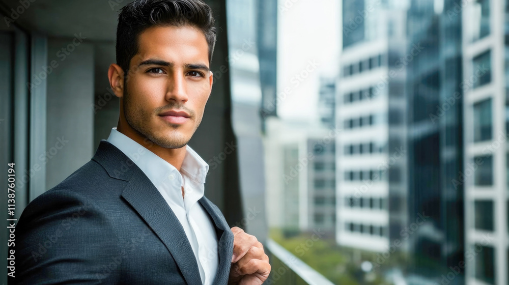 Confident hispanic male in suit overlooking urban cityscape Confident hispanic male in suit overlooking urban cityscape