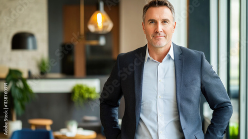 Confident caucasian male adult in business attire standing in modern office photo