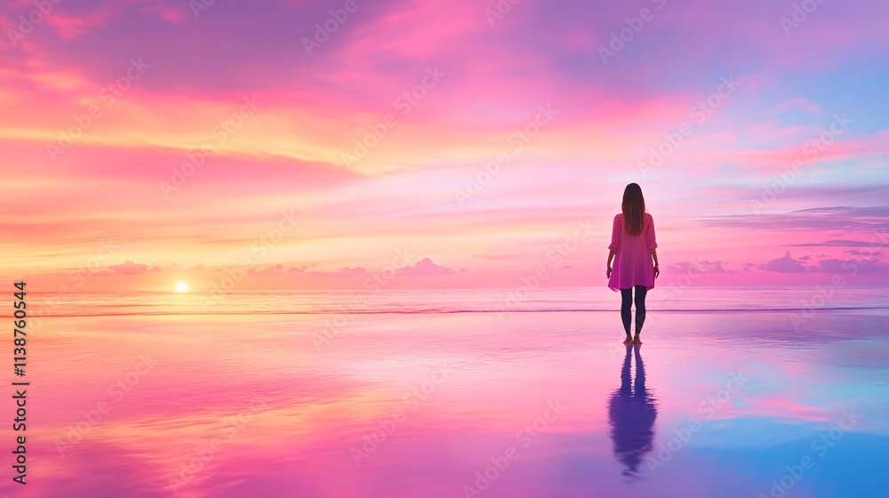 A Woman in Pink Enjoying a Tranquil Sunrise Yoga Session on a Beach A Woman in Pink Enjoying a Tranquil Sunrise Yoga Session on a Beach