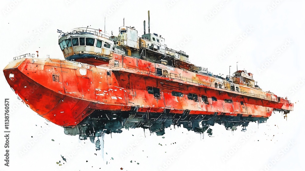 Fototapeta premium A Majestic Watercolor Painting of a Large, Red Cargo Ship Floating on Water