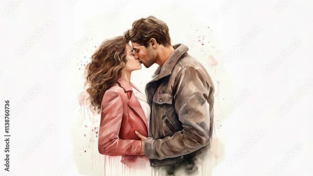A tender couple sharing a kiss and embracing warmly, beautifully illustrated in delicate watercolor strokes. This romantic artwork symbolizes love, affection, and deep connection, ideal for Valentine' A tender couple sharing a kiss and embracing warmly, beautifully illustrated in delicate watercolor strokes. This romantic artwork symbolizes love, affection, and deep connection, ideal for Valentine'