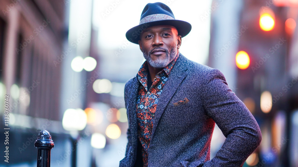 Confident african male adult in stylish hat and suit in urban setting Confident african male adult in stylish hat and suit in urban setting