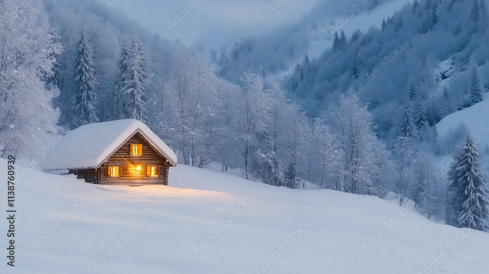 Fototapeta premium Serene Christmas Eve Cabin in Snowy Forest