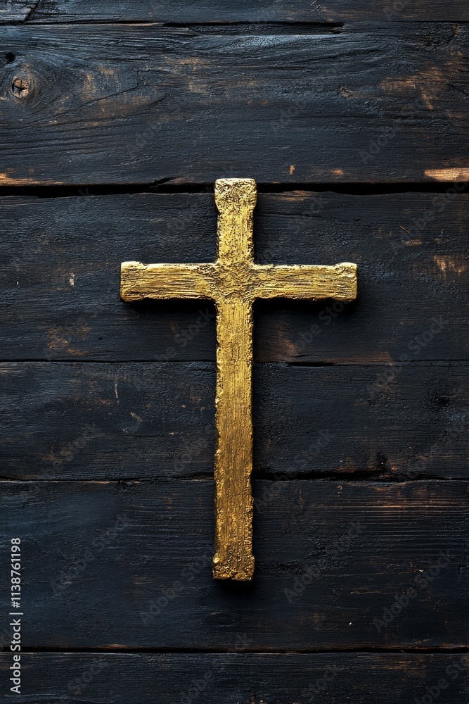 A golden cross is positioned on a dark wooden surface, highlighting its significance in Christianity and symbolizing faith and spirituality A golden cross is positioned on a dark wooden surface, highlighting its significance in Christianity and symbolizing faith and spirituality
