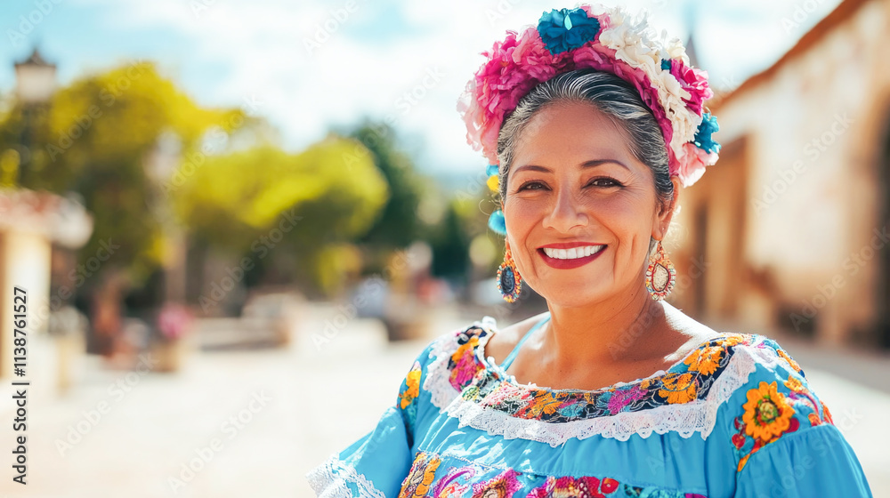 Smiling hispanic mature woman in traditional embroidered dress with floral headpiece outdoors Smiling hispanic mature woman in traditional embroidered dress with floral headpiece outdoors