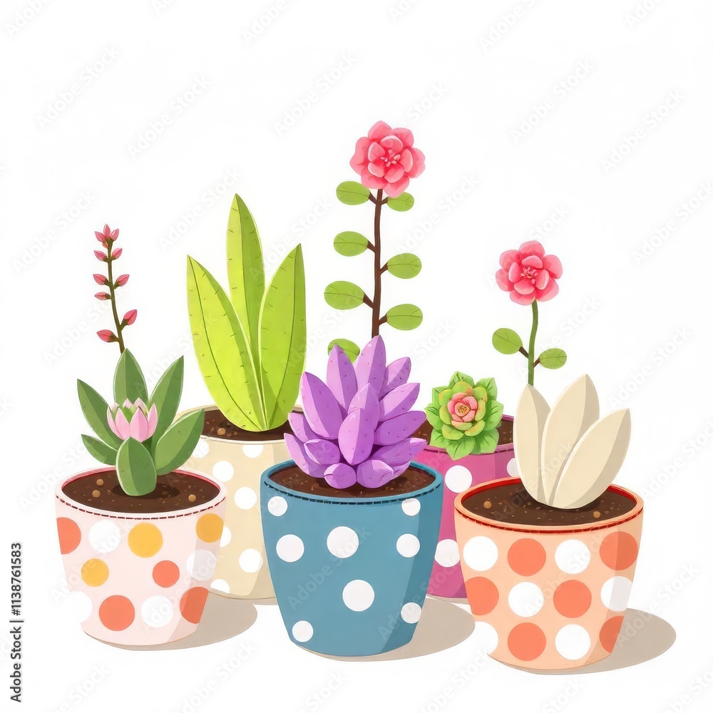 Obraz premium Colorful Succulents in Polka Dot Pots: A Vibrant Illustration