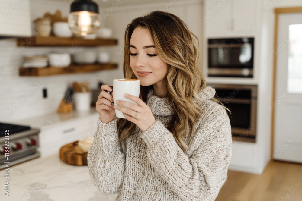 Caucasian young female enjoying warm beverage in cozy kitchen setting Caucasian young female enjoying warm beverage in cozy kitchen setting