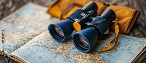 A pair of binoculars and a map lie on a wooden surface, ready for an adventurous journey to observe vibrant jungle birds in their natural habitat photo