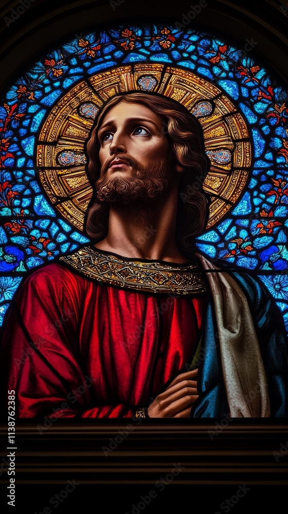 Naklejka premium Jesus Christ is depicted with a thoughtful expression, surrounded by colorful stained glass, symbolizing hope and spirituality in a sacred space