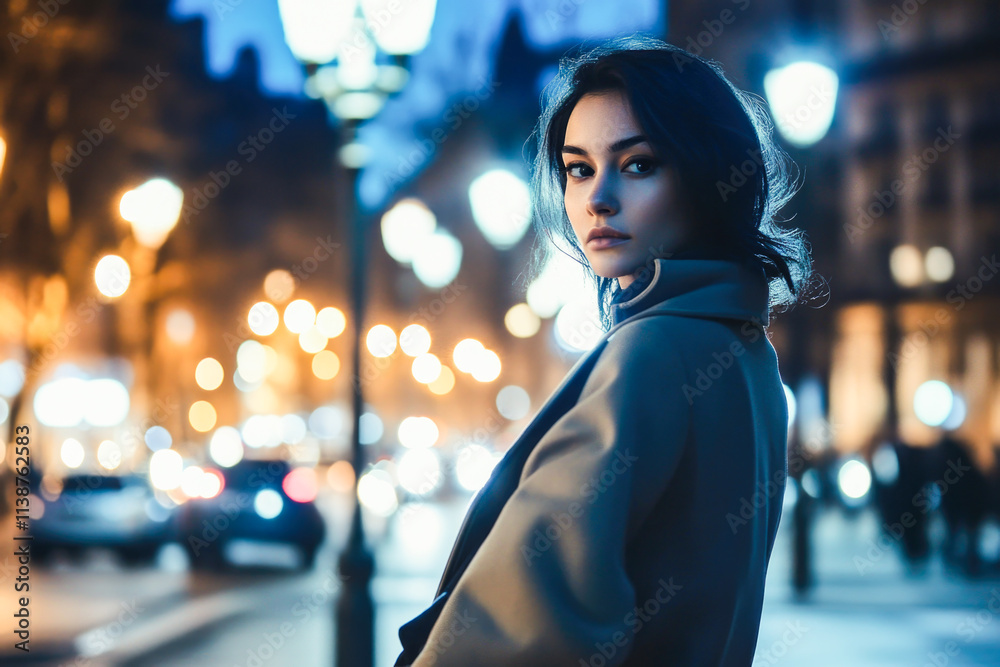 Fototapeta premium Young hispanic female in urban night scene with blurred city lights